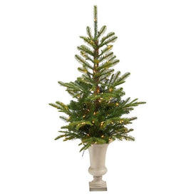 4.5' Pre-Lit Artificial Layered Washington Spruce Christmas Tree with 100 Clear LED Lights in Sand-Colored Urn