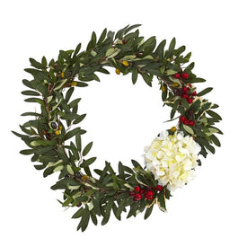21" Artificial Olive, Hydrangea, and Holly Berry Wreath