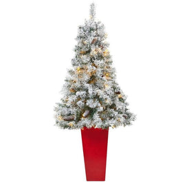 5' Pre-Lit Artificial Flocked White River Mountain Pine Christmas Tree with Pine Cones and 100 Clear LED Lights in Red Tower Planter