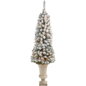 4.5' Pre-Lit Artificial Flocked Pencil Christmas Tree with 100 Clear Lights in Sand-Colored Urn