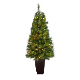 5' Pre-Lit Artificial Green Valley Pine Christmas Tree with 100 Warm White LED Lights in Bronze Metal Planter