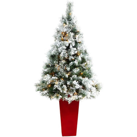 5' Pre-Lit Artificial Flocked Oregon Pine Christmas Tree with 100 Clear Lights in Red Tower Planter