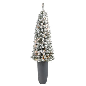 56" Pre-Lit Artificial Flocked Pencil Christmas Tree with 100 Clear Lights in Gray Planter