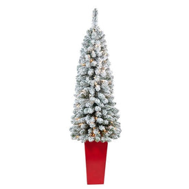 4.5' Pre-Lit Artificial Flocked Pencil Christmas Tree with 100 Clear Lights in Tower Planter