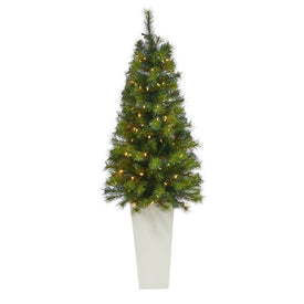 57" Pre-Lit Artificial Green Valley Pine Christmas Tree with 100 Warm White LED Lights in Tall White Planter