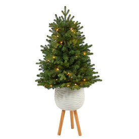 4' Pre-Lit Artificial Washington Fir Christmas Tree with 50 Clear Lights in White Planter with Decorative Stand