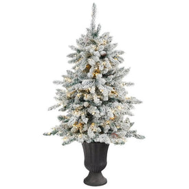 4.5' Pre-Lit Artificial Flocked Livingston Fir Christmas Tree with Pine Cones and 150 Clear Warm LED Lights in Charcoal Urn