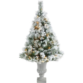 56" Pre-Lit Artificial Flocked Oregon Pine Christmas Tree with 100 Clear Lights in Decorative Urn