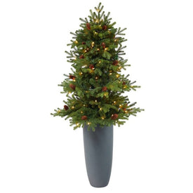 5' Pre-Lit Artificial Yukon Mountain Fir Christmas Tree with 100 Clear Lights, Pine Cones in Gray Planter