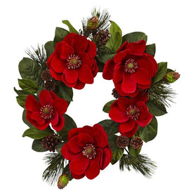 24" Red Magnolia and Pine Wreath