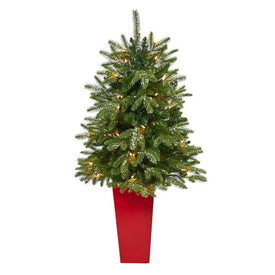 44" Pre-Lit Artificial Snowed Grand Teton Fir Christmas Tree with 50 Clear Lights in Red Planter
