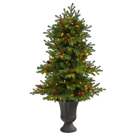 4.5' Pre-Lit Artificial Yukon Mountain Fir Christmas Tree with 100 Clear Lights, Pine Cones in Charcoal Planter