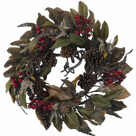 24" Pine Cone, Berry, and Feather Wreath