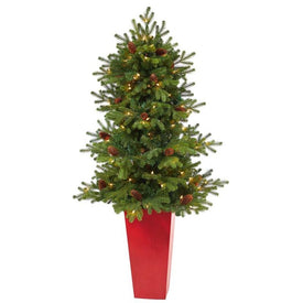 56" Pre-Lit Artificial Yukon Mountain Fir Christmas Tree with 100 Clear Lights, Pine Cones in Red Tower Planter