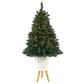 57" Pre-Lit Artificial Northern Rocky Spruce Christmas Tree with 100 Clear Lights in White Planter with Stand