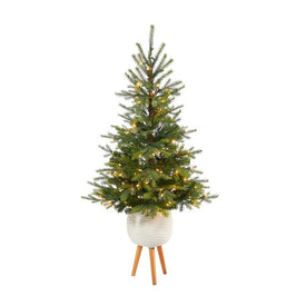 5' Pre-Lit Artificial North Carolina Spruce Christmas Tree with 100 Clear Lights in White Planter with Stand