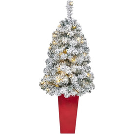 44" Pre-Lit Artificial Flocked Rock Springs Spruce Christmas Tree with 50 Clear LED Lights in Red Tower Planter
