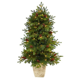 4' Pre-Lit Artificial Yukon Mountain Fir Christmas Tree with 100 Clear Lights, Pine Cones in Country White Planter