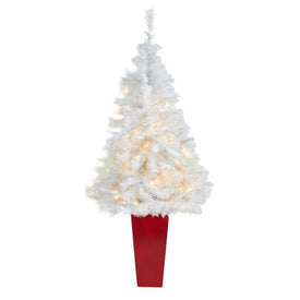 4.5' Pre-Lit Artificial White Christmas Tree with 100 Clear LED Lights in Red Planter