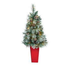 44" Pre-Lit Artificial Frosted Tip British Columbia Mountain Pine Christmas Tree with 50 Clear Lights, Pine Cones in Red Tower Planter