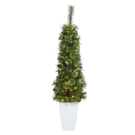 50" Pre-Lit Artificial Green Pencil Christmas Tree with 100 Clear Multi-Function LED Lights in White Metal Planter