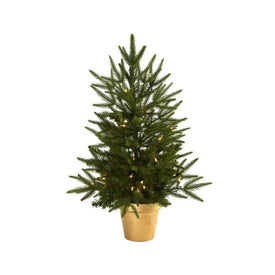 2.5' Pre-Lit Artificial Christmas Tree with Golden Planter and Clear Lights