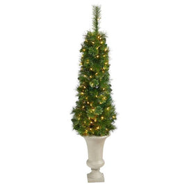 52" Pre-Lit Artificial Green Pencil Christmas Tree with 100 Clear Multi-Function LED Lights in Sand-Colored Urn