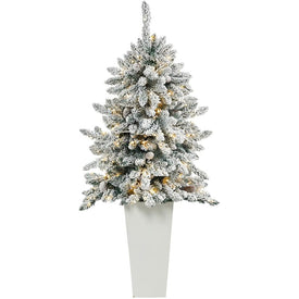 4.5' Pre-Lit Artificial Flocked Livingston Fir Christmas Tree with Pine Cones and 150 Clear Warm LED Lights in Tall White Planter