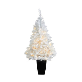 50" Pre-Lit Artificial White Christmas Tree with 100 Clear LED Lights in Black Metal Planter