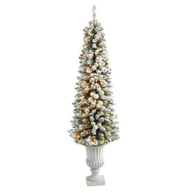 5.5' Pre-Lit Artificial Flocked Pencil Christmas Tree with 200 Clear Lights in Decorative Urn