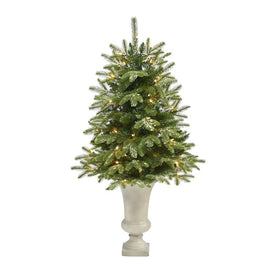 44" Pre-Lit Artificial Snowed Grand Teton Fir Christmas Tree with 50 Clear Lights in Sand-Colored Urn