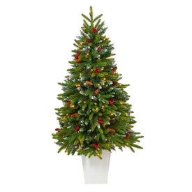 56" Pre-Lit Artificial Snow Tipped Portland Spruce Christmas Tree with Frosted Berries and Pine Cones with 100 Clear LED Lights in White Metal Planter