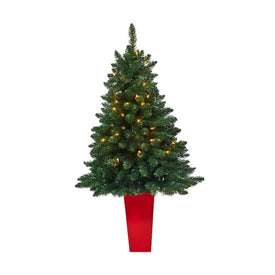 52" Pre-Lit Artificial Northern Rocky Spruce Christmas Tree with 100 Clear Lights in Tower Planter