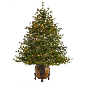 5.5' Pre-Lit Artificial Colorado Mountain Pine Christmas Tree with 250 Clear Lights, Pine Cones in Decorative Planter