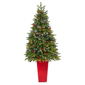 62" Pre-Lit Artificial Pre-Lit Artificial Snow Tipped Portland Spruce Christmas Tree with Frosted Berries and Pine Cones with 100 Clear LED Lights in Red Tower Planter