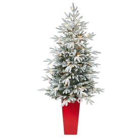 5' Pre-Lit Artificial Flocked Manchester Spruce Christmas Tree with 100 Lights in Red Tower Planter