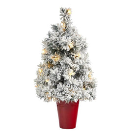 2' Pre-Lit Artificial Flocked Christmas Tree with 30 Clear LED Lights in Burgundy Vase