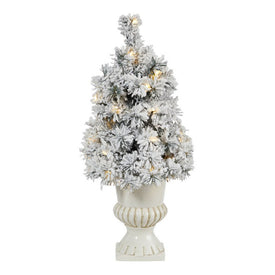 28" Pre-Lit Artificial Flocked Christmas Tree with 30 Clear LED Lights in White Urn
