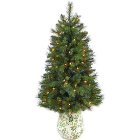 4.5' Pre-Lit Artificial West Virginia Mountain Pine Christmas Tree with 100 Clear Lights in Floral Print Planter
