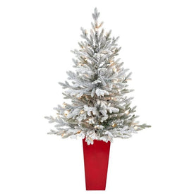 4' Pre-Lit Artificial Flocked Fraser Fir Christmas Tree with 200 Warm White Lights in Red Planter