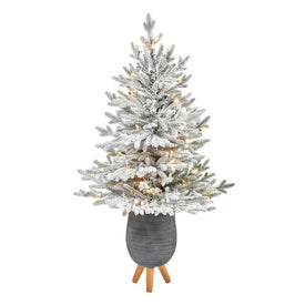 45" Pre-Lit Artificial Flocked Fraser Fir Christmas Tree with 200 Warm White Lights in Gray Planter with Stand