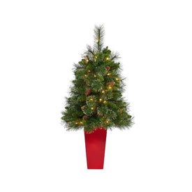 44" Pre-Lit Artificial Golden Tip Washington Pine Christmas Tree with 50 Clear Lights, Pine Cones in Red Tower Planter