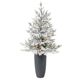 4' Pre-Lit Artificial Flocked Fraser Fir Christmas Tree with 200 Warm White Lights in Gray Planter