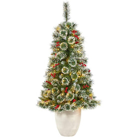 50" Pre-Lit Artificial Frosted Swiss Pine Christmas Tree with 100 Clear LED Lights and Berries in White Planter