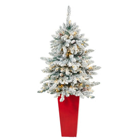 4.5' Pre-Lit Artificial Flocked Livingston Fir Christmas Tree with Pine Cones and 150 Clear Warm LED Lights in Tall White Planter