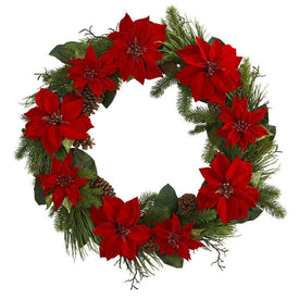 36" Poinsettia and Pine Wreath