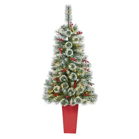 52" Pre-Lit Artificial Frosted Swiss Pine Christmas Tree with 100 Clear LED Lights and Berries in Red Tower Planter