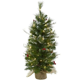 3' Pre-Lit Artificial Christmas Tree with Berries, Burlap Bag and 50 Clear Lights
