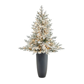 5' Pre-Lit Artificial Flocked Fraser Fir Christmas Tree with 300 Warm White Lights in Gray Planter