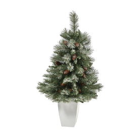 3.5' Unlit Artificial Snowed French Alps Mountain Pine Christmas Tree with Pine Cones in White Metal Planter